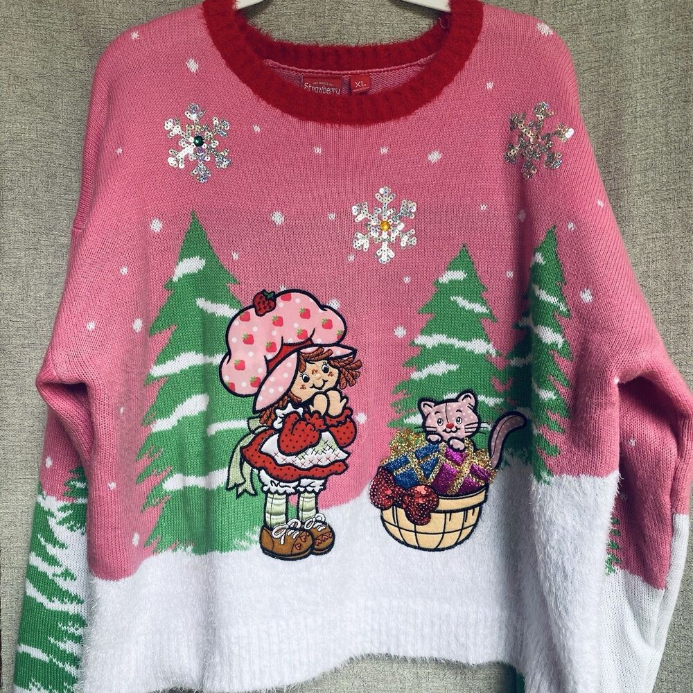 Strawberry Shortcake Custard Cat Sweater Pink XL Holiday Christmas Pullover Ugly